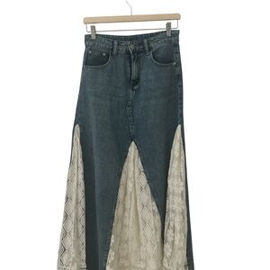 Denim Maxi Skirt with Lace Panels